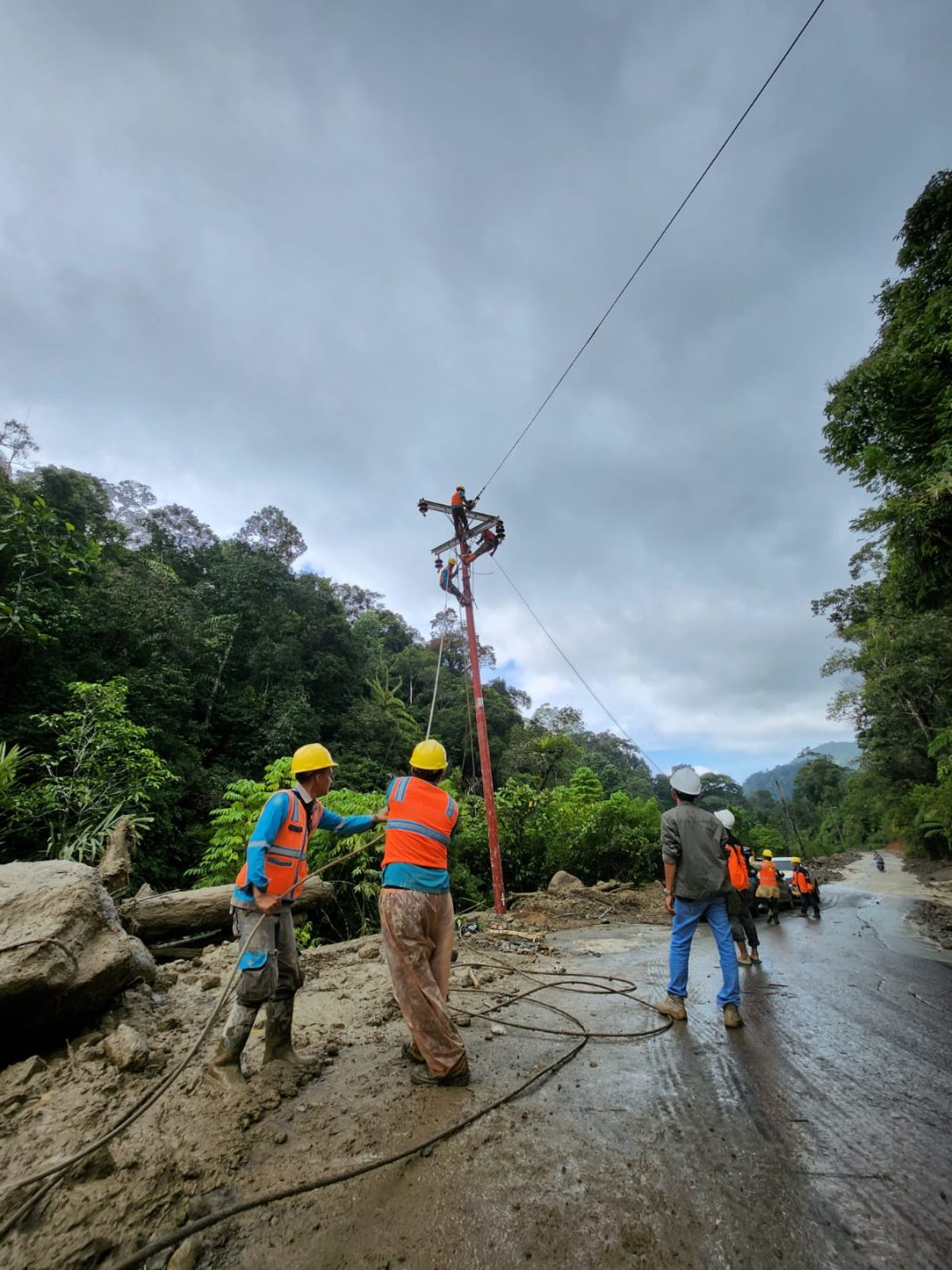 Petugas PLN saat memperbaiki kerusakan jaringan PLN yang rusak akibat gempa dan bencana longsor di Kecamatan Batang Natal, Kabupaten Madina yang terjadi.