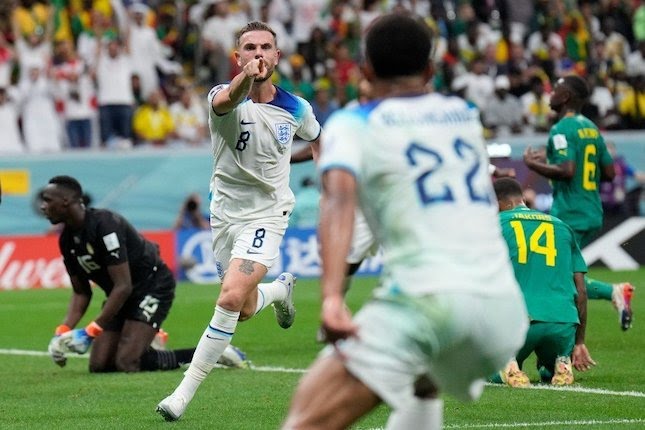 Selebrasi Jordan Henderson usai mencetak gol di laga Piala Dunia 2022 Inggris vs Senegal, Senin (5/12/2022).