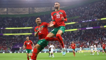 Pemain Maroko Youssef En Nesyri selebrasi usai membobol gawang Portugal di Piala Dunia 2022.