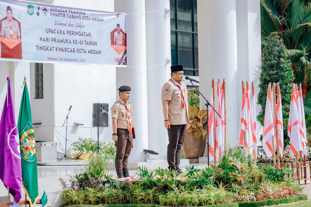 Peringatan Hari Pramuka ke 61 Tahun Tingkat Kwarcab Kota Medan di halaman depan Balai Kota, Jalan Kapten Maulana Lubis Medan.