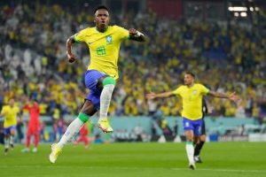 Selebrasi Vinicius Junior dalam laga 16 besar Piala Dunia 2022 Brasil vs Korea Selatan, Selasa (6/12/2022).