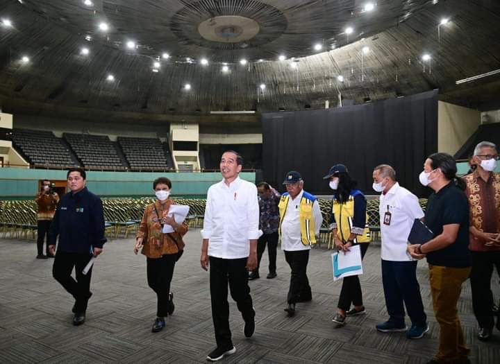 Presiden RI Jokowi meninjau secara langsung kesiapan lokasi diselenggarakannya kegiatan KTT Asean 2023 di JCC, Jakarta.