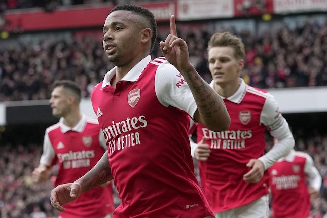 Selebrasi gol Gabriel Jesus pada laga Arsenal vs Leeds United pada pekan ke-29 Premier League 2022/2023 di Emirates Stadium.