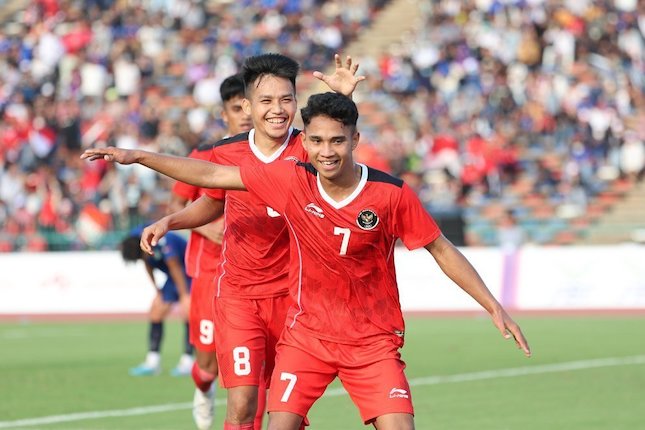 Selebrasi Marselino Ferdinan dalam laga Grup A SEA Games 2023 Timnas Indonesia U-22 vs Filipina U-22.