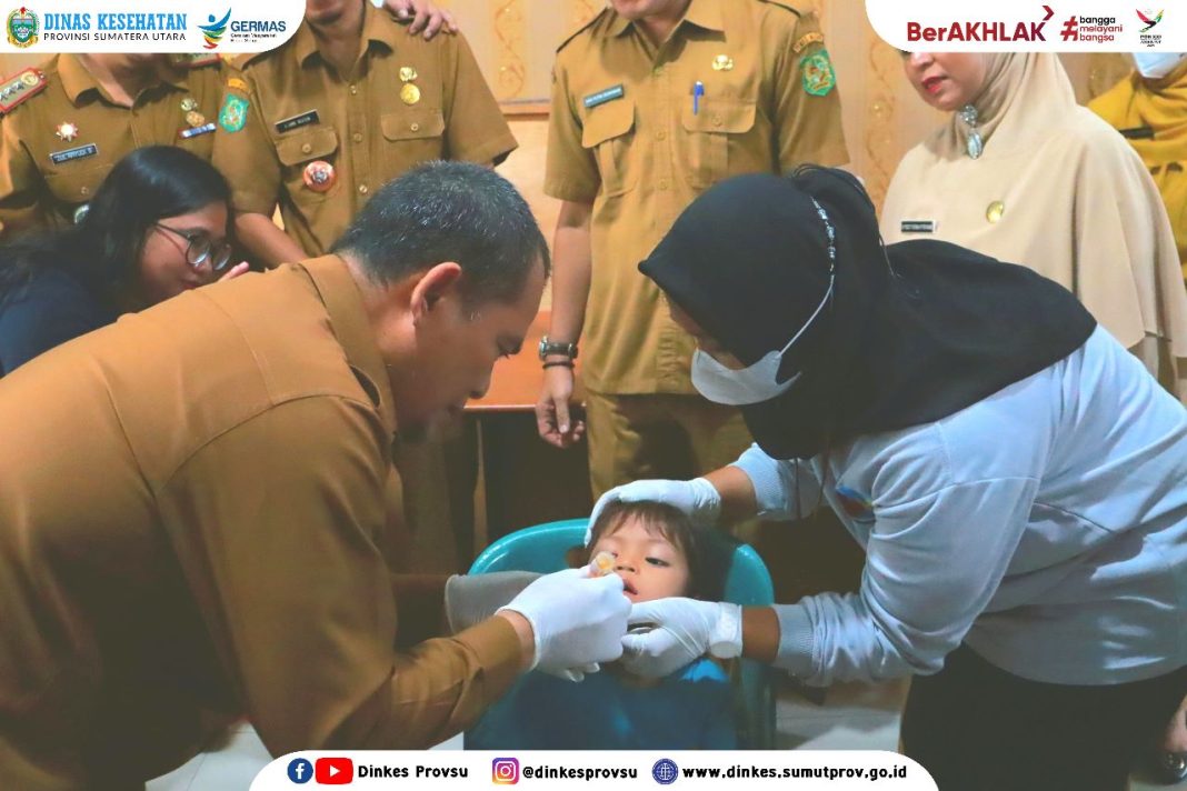 Pelaksanaan pencanangan Sub PIN Polio Putaran kedua di Aula Kantor Lurah Tegal Rejo, Kecamatan Medan Perjuangan, Senin (15/5/2023). (Dok/Dinkes Sumut)