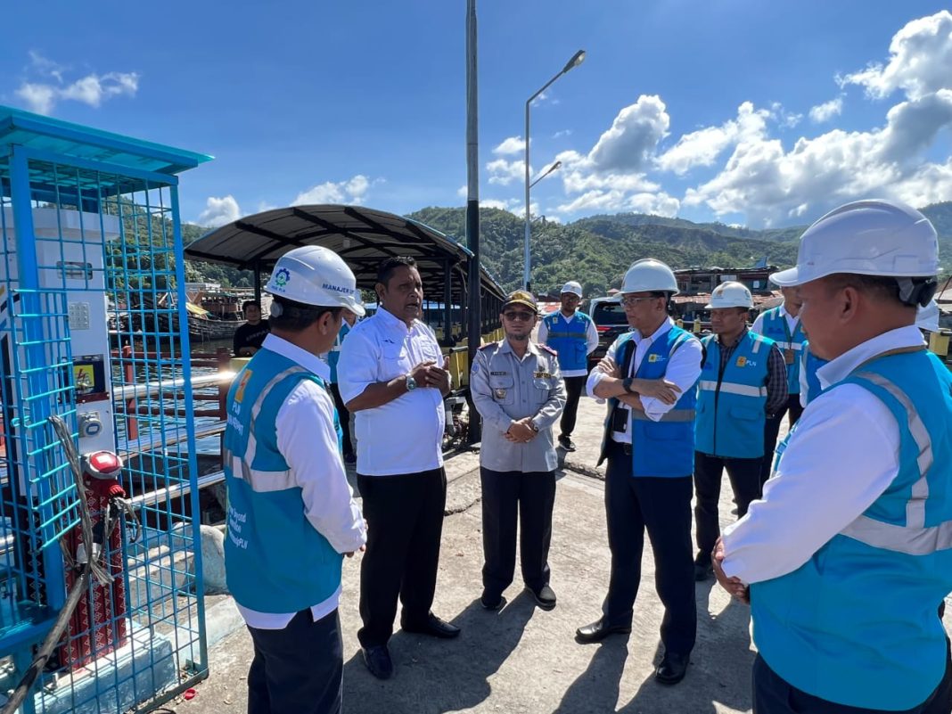 GM PLN UID Sumut Awaluddin Hafid (tengah pakai helm) meninjau efektivitas penggunaan ALMA di Pelabuhan ASP Kota Sibolga, Senin (22/5/2023). (Dok/PLN)