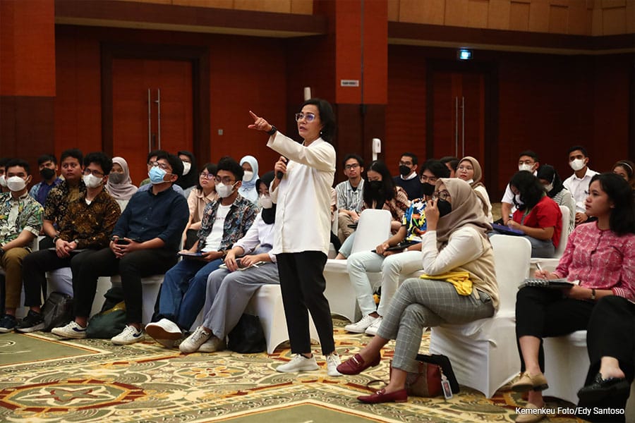 Menkeu RI Sri Mulyani Indrawati di Aula Mezzanine, Kompleks Kementerian Keuangan.