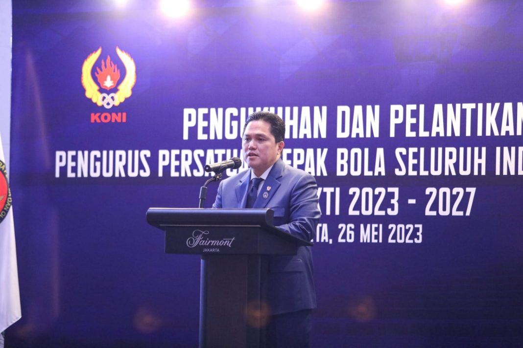 Ketua Umum PSSI Erick Thohir pada pelantikan pengurus PSSI periode 2023-2027 di Jakarta, Jumat (26/5/2023). (Dok/PSSI)