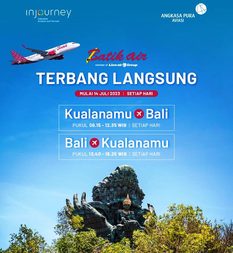Brosur penerbangan jalur baru dari Kualanamu ke Bali dilayani maskapai Batik Air yang akan dimulai, 14 Juli 2023. (Dok/PT Angkasa Pura Aviasi)