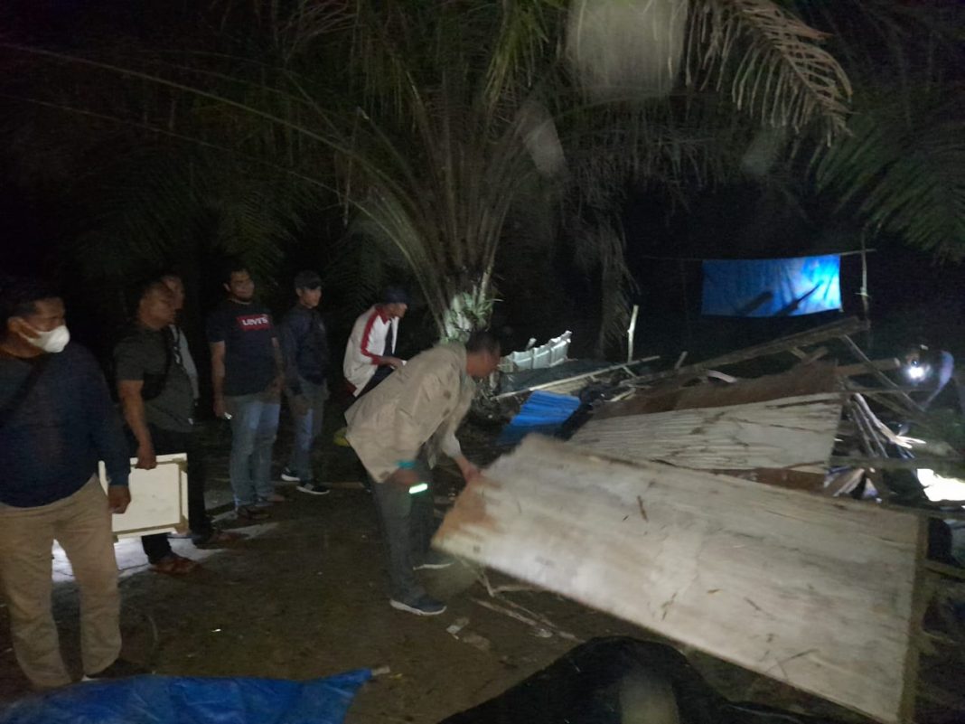 Petugas membongkar gubuk yang diduga dijadikan lokasi bertransaksi Narkoba di areal Perkebunan Kelapa Sawit PTPN II Dusun Tahun X, Desa Sei Bamban, Kecamatan Batang Serangan, Kabupaten Langkat, Minggu (16/7/2023) dinihari. (Dok/Polres Langkat)