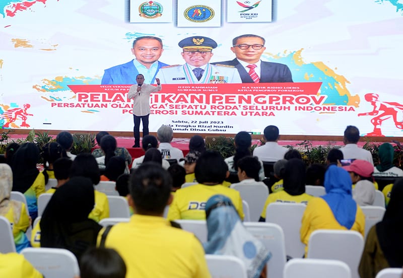 Gubernur Sumut Edy Rahmayadi pada acara pelantikan Pengprov Perserosi Sumut masa bakti 2023-2027 di Aula Tengku Rizal Nurdin, Jalan Jenderal Sudirman Nomor 41 Medan, Sabtu (22/7/2023). (Dok/Kominfo Sumut)