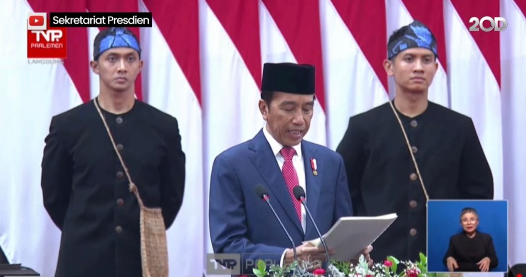 Presiden Jokowi dalam pidato RUU RAPBN 2024 beserta Nota Keuangan di Gedung DPR RI, Jakarta Pusat, Rabu (16/8/2023).