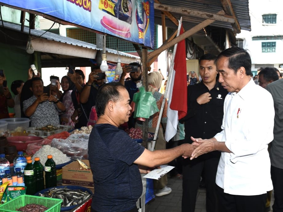Presiden Jokowi saat meninjau harga sejumlah bahan pokok di Pasar Brahrang, Kota Binjai, Provinsi Sumut, Jumat (25/8/2023). (Dok/BPMI Setpres)