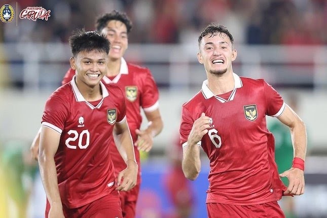 Timnas Indonesia U-23 merayakan gol Ivar Jenner (kanan) ke gawang Timnas Turkmenistan U-23, Selasa (12/9/2023). (Dok/PSSI)