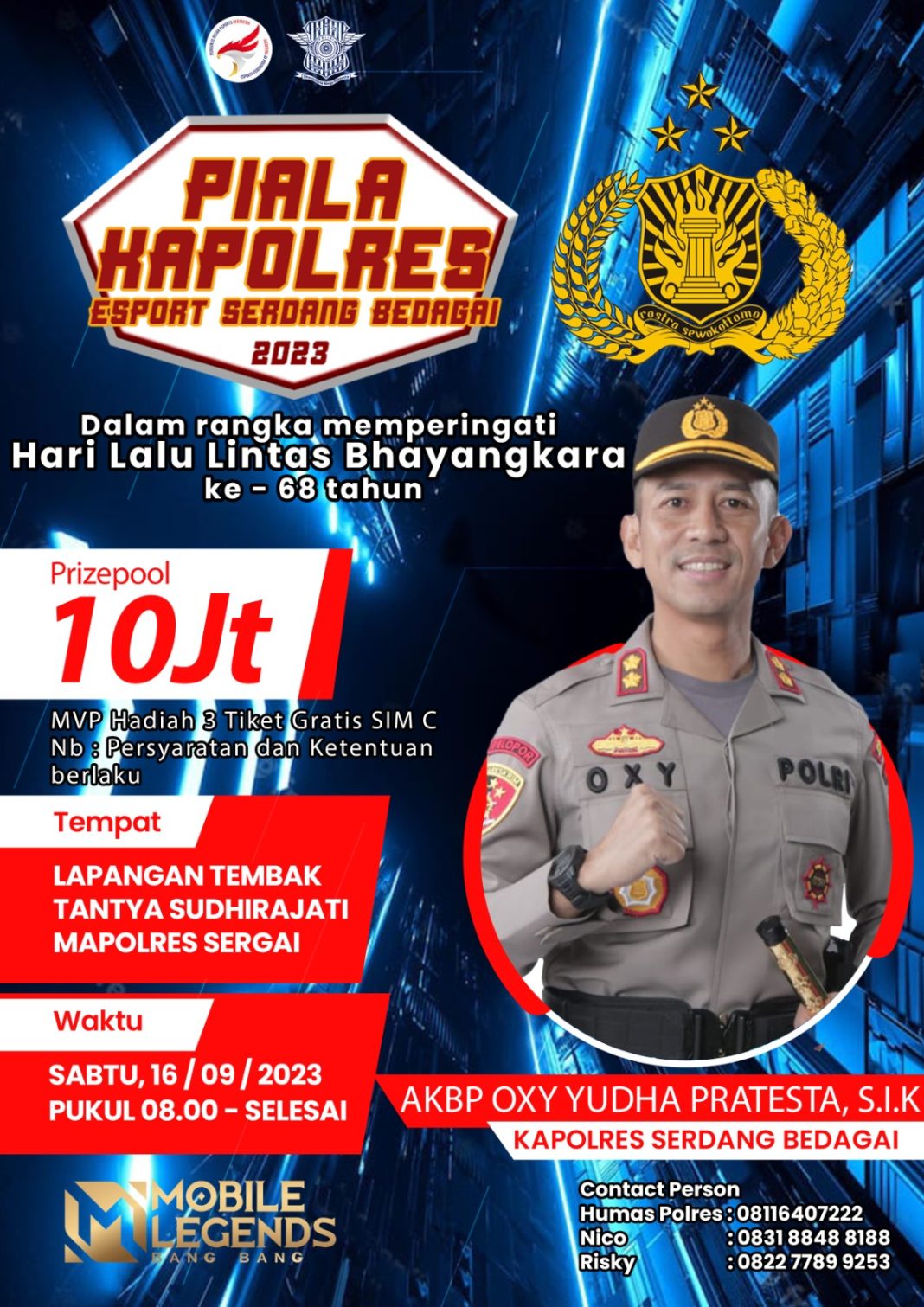 Informasi turnamen Esport menyemarakkan Hari Lalulintas Bhayangkara ke-68 yang akan digelar Polres Sergai, Sabtu 16 September 2023. (Dok/Humas Polres Sergai)