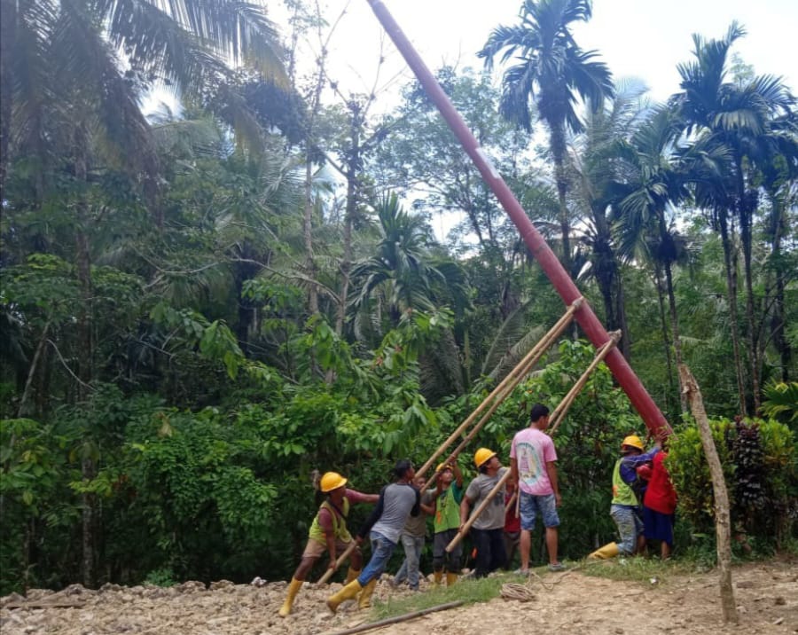 Petugas PLN dibantu warga desa untuk mendirikan tiang listrik agar desa mereka dapat menikmati listrik PLN selama 24 jam. (Dok/PLN)