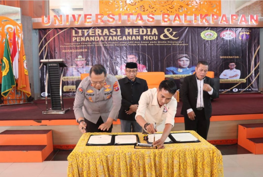 Polda Kaltim melakukan Literasi Media dan Penandatanganan Mou dengan KPID Provinsi Kaltim di Kampus Uniba Balikpapan.