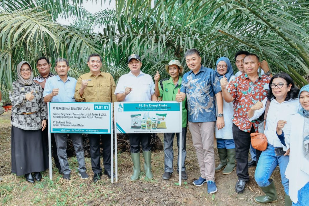 Bupati Batubara Ir H Zahir MAP bersama Kepala Dinas Koperasi dan UKM Sumut Naslindo Sirait, Direktur PT Perkebunan Sumut dan jajaran Dinas Pertanian dan Perkebunan Batubara meninjau lokasi dekomposer pupuk organik limbah sawit di areal kebun sawit milik PT Perkebunan Sumatera Utara (PT PSU) di Desa Tanjung Kasau, Kecamatan Laut Tador, Kamis (19/10/2023). (Dok/Kominfo Batubara)