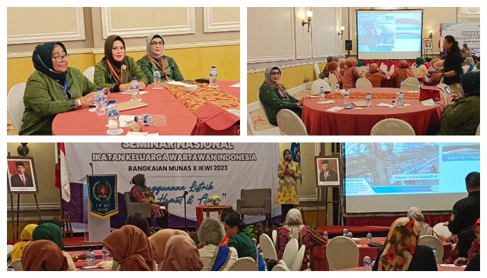 Ketua IKWI Sumut Hj Fadia Achri Yulan atau Beby bersama Julia Tarigan dan Hartati Rangkuti (seragam hijau) saat mengikuti seminar nasional rangkaian kegiatan Munas X. 