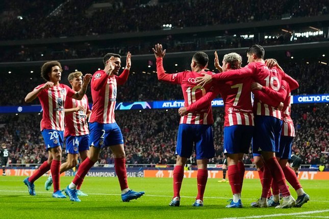 Pemain Atletico Madrid merayakan gol Antoine Griezmann ke gawang Celtic di Metropolitano stadium pada lanjutan Liga Champions 2023/2024, Rabu (8/11/2023) dini hari WIB.