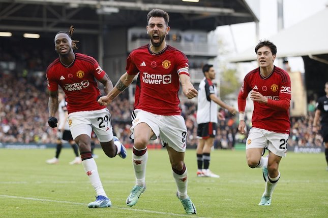 Bruno Fernandes mencetak gol kemenangan Manchester United pada duel lawan Fulham di pekan ke-11 Premier League 2023/2024, Sabtu (4/11/2023) malam WIB.