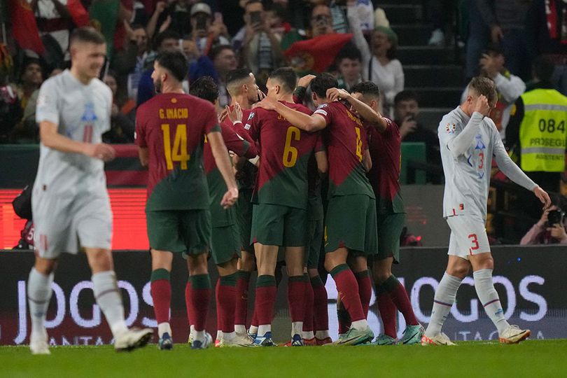 Selebrasi skuad Portugal untuk gol ke gawang Islandia, Kualifikasi Euro 2024, Senin (20/11/2023), dini hari WIB.