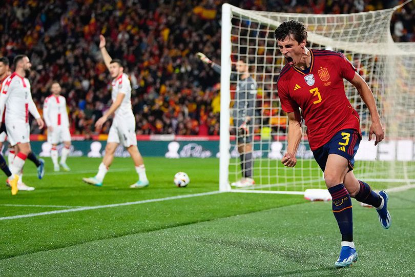 Selebrasi Robin Le Normand usai cetak gol di laga Spanyol lawan Georgia, Kualifikasi Euro 2024, Senin (20/11/2023).