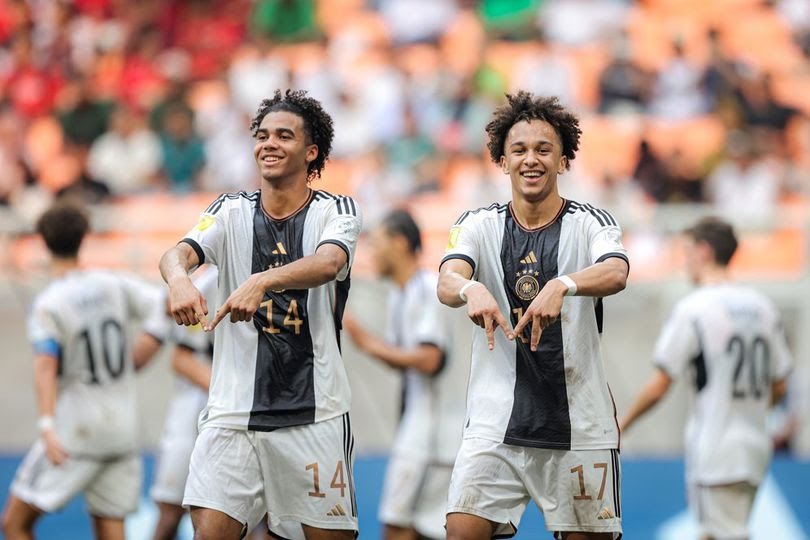 Selebrasi pemain Jerman U-17 usai mencetak gol ke gawang Venezuela U-17 pada laga match day 3 Grup F Piala Dunia U-17 2023 di Jakarta International Stadium, Sabtu (18/11/2023) sore WIB.