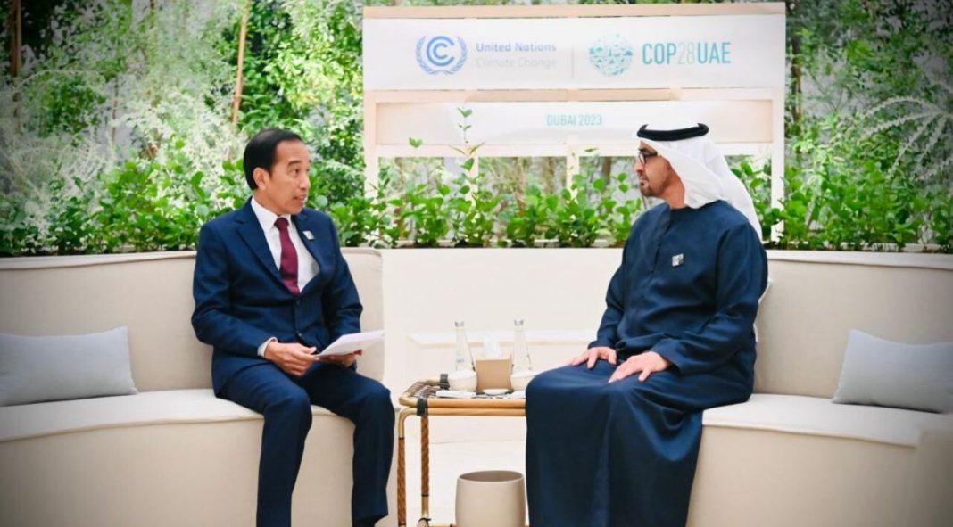 Presiden Jokowi bertemu empat mata dengan Presiden Persatuan Emirat Arab, Sheikh Mohamed bin Zayed Al Nahyan di Leadership Paviliun, Expo City Dubai.