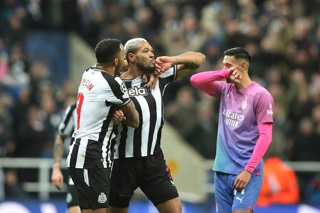 Selebrasi Joelinton dalam laga Liga Champions antara Newcastle vs AC Milan, Kamis (14/12/2023).