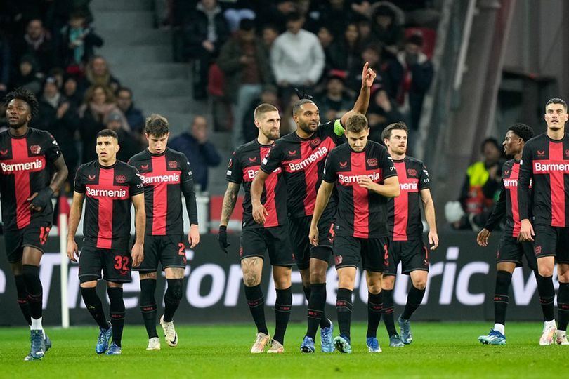 Selebrasi skuad Bayer Leverkusen dalam laga Liga Europa melawan Molde, Jumat (15/12/2023).