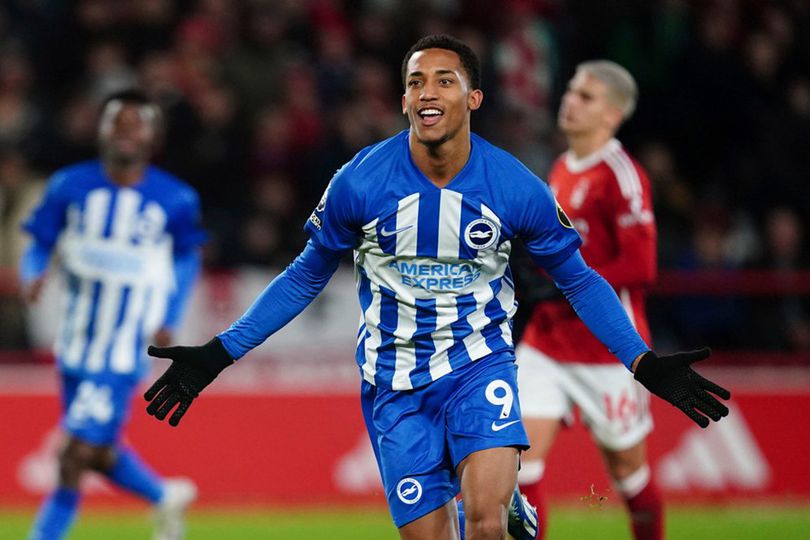 Penyerang Brighton, Joao Pedro merayakan golnya ke gawang Nottingham di lanjutan Premier League 2023/2024.