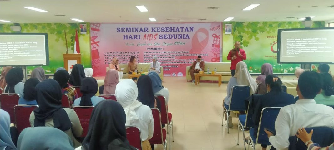 Forwakes Sumut menggelar Seminar Kesehatan Hari Aids Sedunia Kenal, Cegah dan Stop Stigma pada ODHIV yang diadakan di RSP CPL USU Medan, Sabtu (16/12/2023).