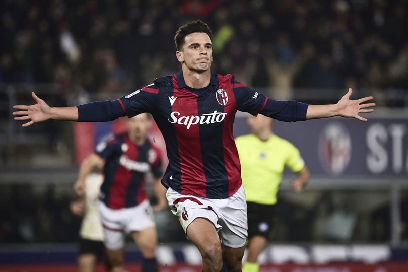 Nikola Moro merayakan golnya di laga Bologna vs AS Roma di pekan ke-16 Serie A 2023/2024 di Renato Dall Ara, Minggu (18/12/2023) dini hari WIB.