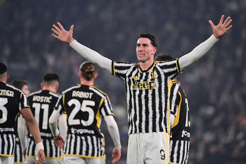 Selebrasi Dusan Vlahovic dalam laga Serie A antara Juventus vs Sassuolo, Rabu (17/1/2024).