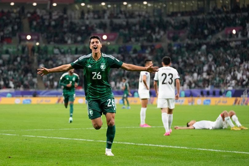 Selebrasi Faisal Al Ghamdi dalam laga Piala Asia 2023 antara Kirgistan vs Arab Saudi, Senin (22/1/2024).