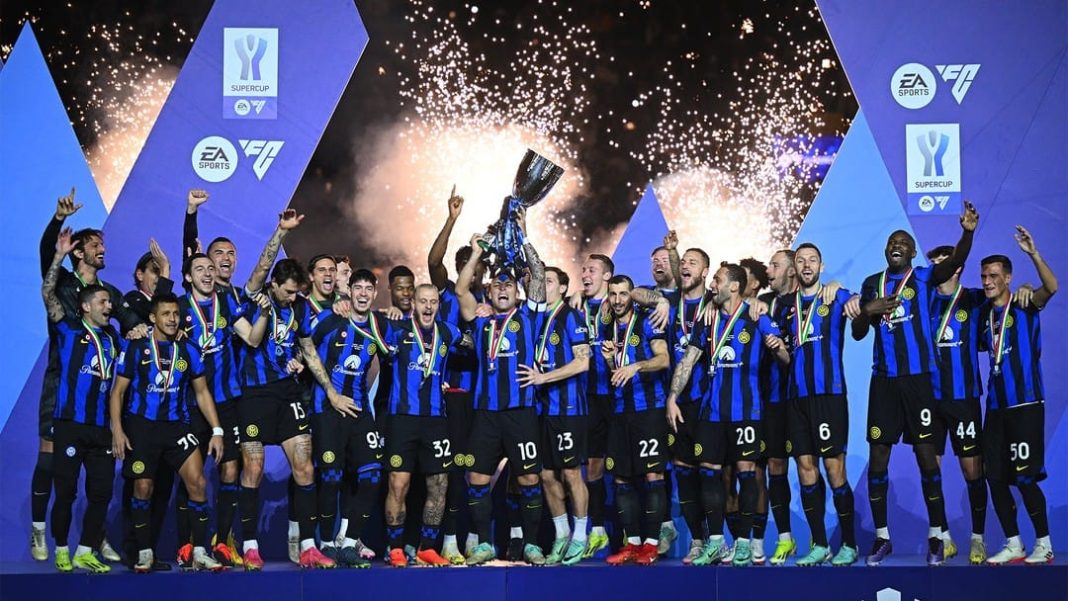 Selebrasi seusai laga Napoli melawan Inter Milan pada babak final Supercoppa Italiana 2023, Selasa (23/1/2024) dini hari WIB.