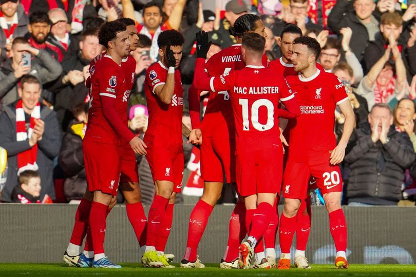 Selebrasi skuad Liverpool dalam laga Premier League antara Liverpool vs Burnley, Sabtu (10/2/2024) malam WIB.