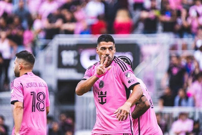 Luis Suarez mencetak gol pada laga Inter Miami vs Orlando City, Minggu (3/3/2024).