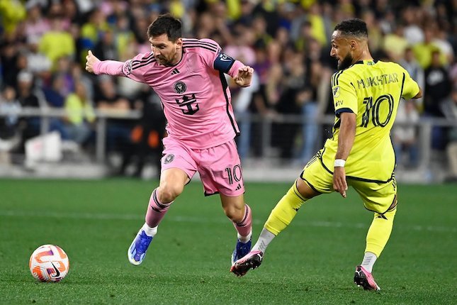 Aksi Lionel Messi dalam laga Nashville SC vs Inter Miami di babak 16 besar Concacaf Champions Cup 2024, Jumat (8/3/2024) dini hari WIB.