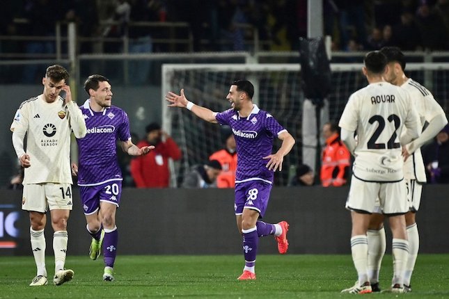 Selebrasi Rolando Mandragora dalam laga Serie A antara Fiorentina vs AS Roma, Senin (11/3/2024) dini hari WIB.