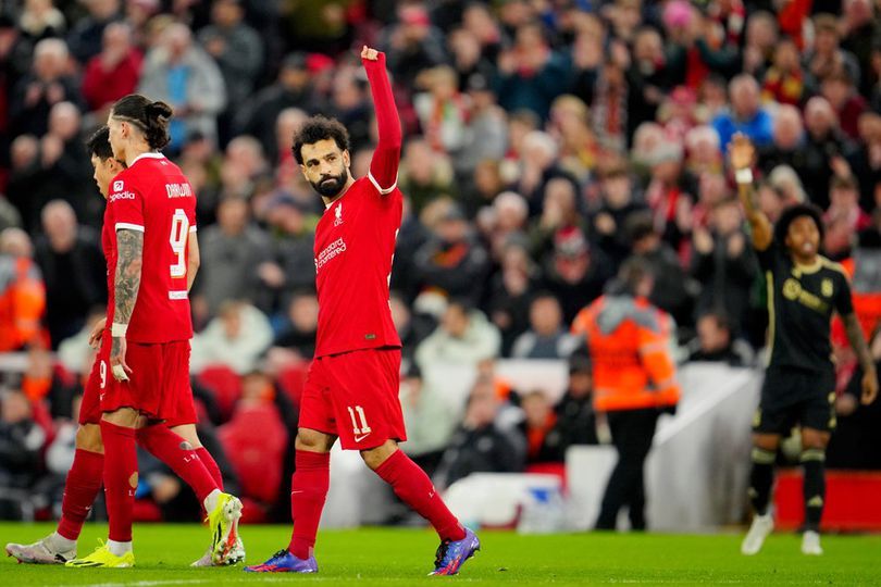 Selebrasi Mohamed Salah dalam laga leg kedua 16 besar Liga Europa antara Liverpool vs Sparta Praha, Jumat (15/3/2024).