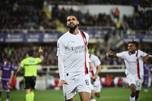 Selebrasi Ruben Loftus-Cheek dalam laga Serie A antara Fiorentina vs AC Milan, Minggu (31/3/2024) dini hari WIB.