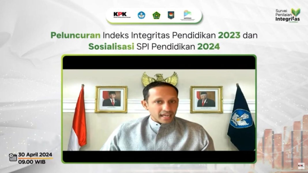 Mendikbudristek RI Nadiem Anwar Makarim dalam sambutannya pada Peluncuran Indeks Integritas 2023 dan Sosialisasi SPI Pendidikan 2024 secara daring, Selasa (30/4/2024).