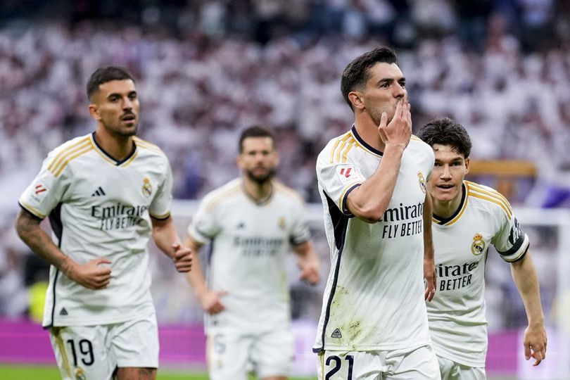 Brahim Diaz mencetak gol pada laga pekan ke-34 La Liga antara Real Madrid vs Cadiz, Sabtu (4/5/2024) malam WIB.