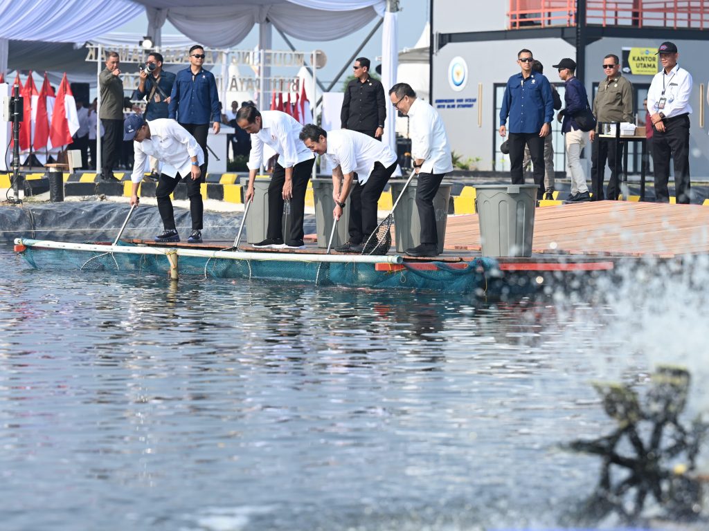 Presiden Jokowi pada acara Modeling Kawasan Tambak Budi Daya Ikan Nila Salin di Balai Layanan Usaha Produksi Perikanan Budi Daya, Kabupaten Karawang, Jawa Barat, Rabu (8/5/2024) pagi. (Dok/BPMI Setpres)