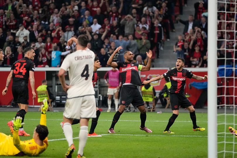 Selebrasi para pemain Bayer Leverkusen di laga semi final Liga Europa versus AS Roma, Jumat (10/5/2024) dini hari WIB.