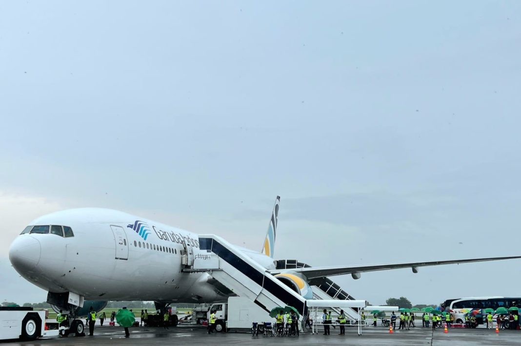 Pesawat Garuda yang membawa Calhaj Kloter I di Kualanamu, Senin (13/5/2024). (Dok/Bandara Kualanamu)