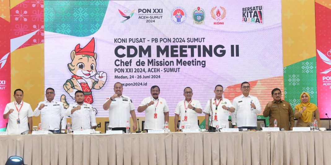 PB PON XXI 2024 Aceh-Sumut menggelar Chef de Mission (CdM) Meeting kedua di Ballroom Hotel Santika Premiere Dyandra, Jalan Kapten Maulana Lubis, Medan, Selasa (25/6/2024). (Dok/Kominfo Sumut)