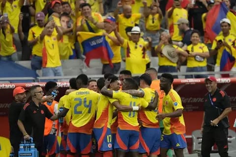 Selebrasi pemain Kolombia merayakan gol yang dicetak Jhon cordoba, Sabtu (29/6/2024) pagi WIB.